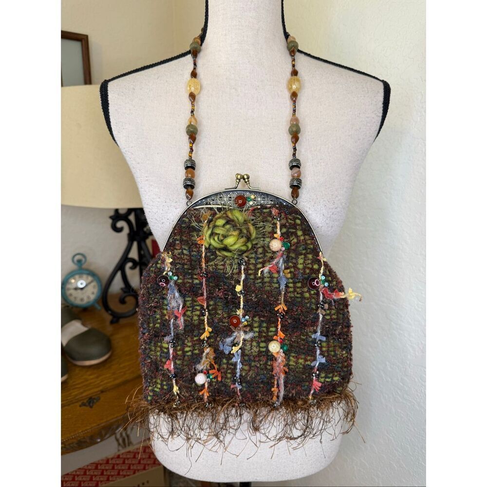 Mary Frances Bag Brown Woven With Floral & Beaded Embellishment Whimsy, Artisan